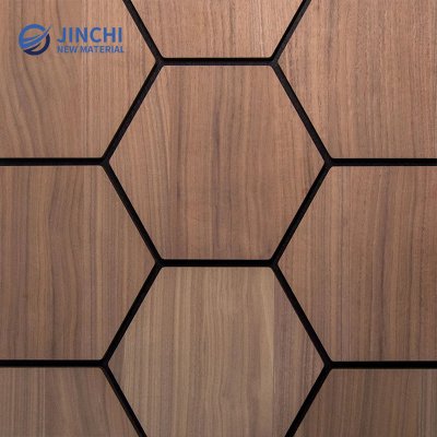 Paneles de pared insonorizados, panel hexagonal de nogal para insonorización.