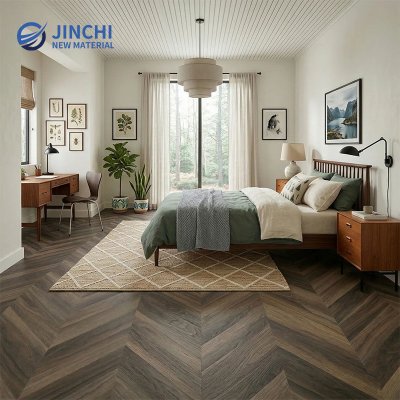 Pavimento in legno massello di noce nero con motivo a spina di pesce da 18 mm