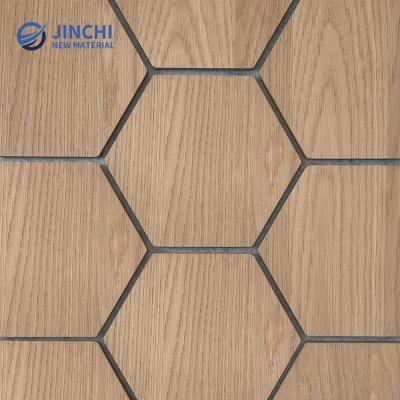 Paneles de pared insonorizados, panel hexagonal de roble natural con fieltro gris.