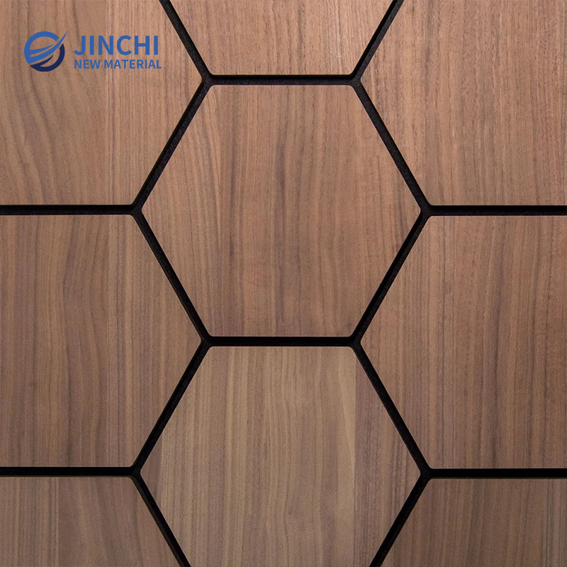 Paneles de pared insonorizados, panel hexagonal de nogal para insonorización.