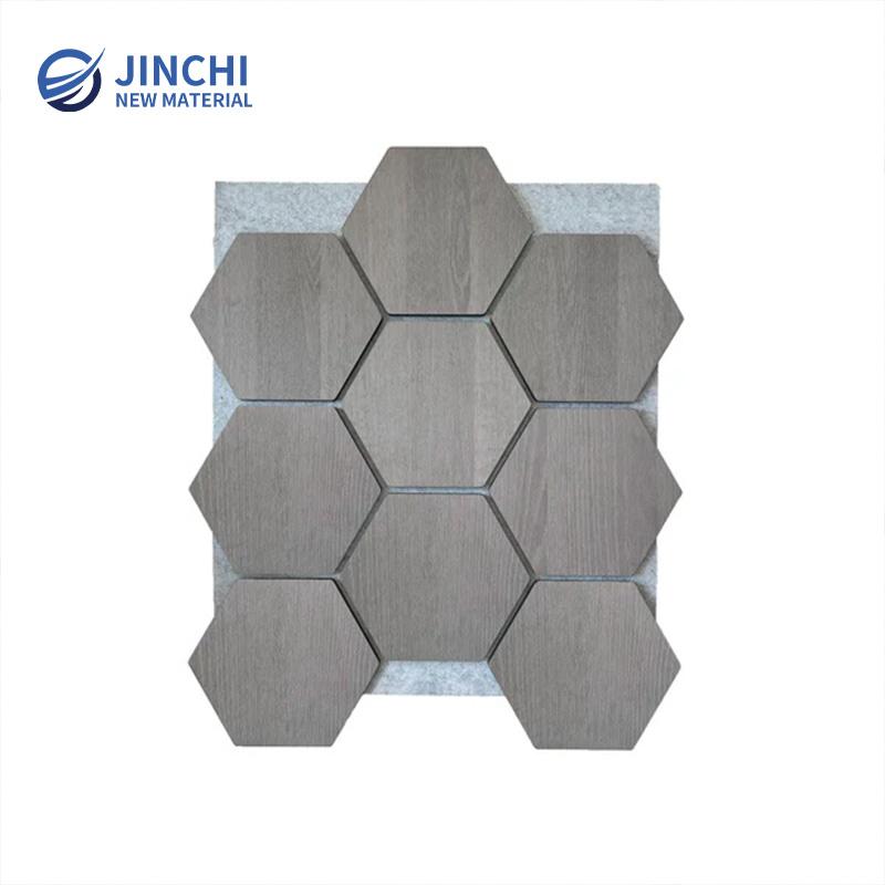 Schallschutzwandpaneele, graue Walnuss, sechseckig, mit grauem Filz